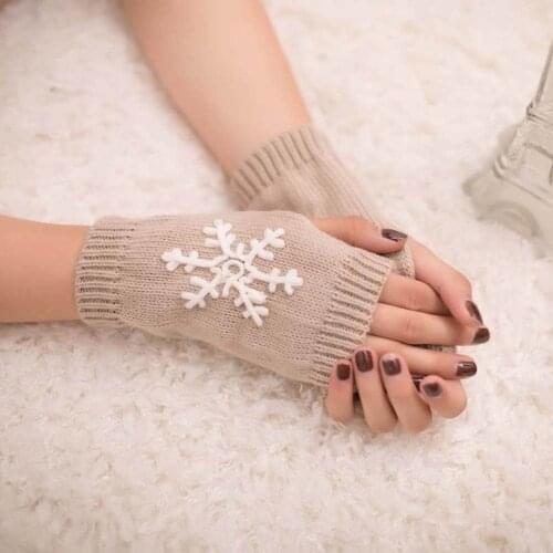 Women Cashmere Warm Winter Gloves Snowflake Print Gloves Female Fingerless Knitted Gloves Women Hand Wrist Soft Warmer Mittens