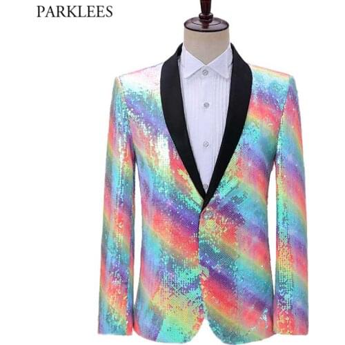 Rainbow Sequin Glitter Embellished Blazer Jacket Men One Button Shawl Collar Party Suit Jacket Male Nightclub Prom Stage Costume