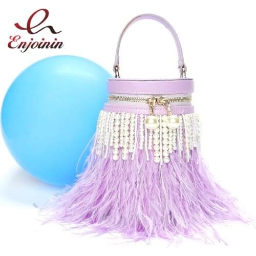Luxury Pearl Feather Tassel Womens Bucket Handbag High Quality Designer Bag Fashion Female Purse Party Wedding Clutch Bag New