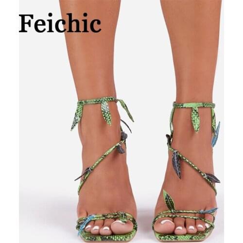 FeichicNew fashion sexy high heel sandals green powder black leaf knot crystal clear heel women cro high hehigh heels for women