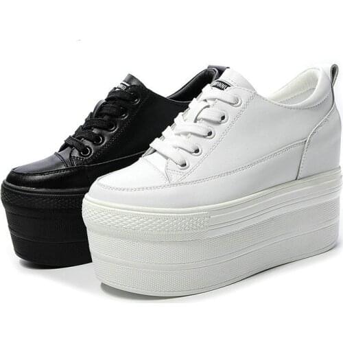 Fujin 2021 New Fall Womens Vulcanized Shoes Leather Thick-soled Small White Shoes Lace-up Sponge Heels Increase Casual Shoes