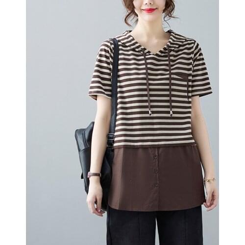 Women Summer Cotton Hooded Casual T-shirts New Arrival 2021 Simple Style Patchwork Striped Loose Female Tops Tees B126