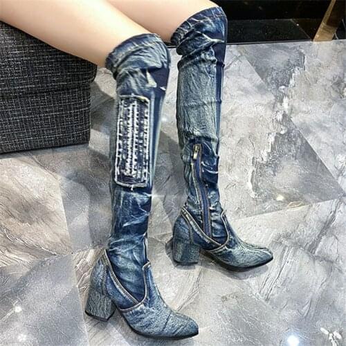 Spring Autumn Casual Denim Boot Women Thigh High Boots 6CM Chunky High Heel Over the Knee Boots Jean Long Botas Mujer