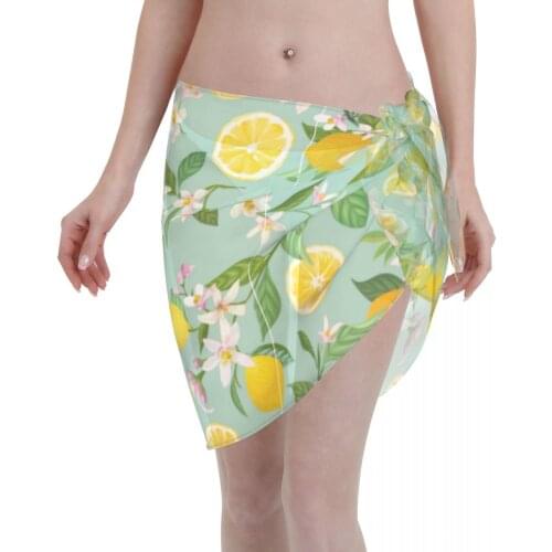Women See-Through Beach Bikini Cover Up Wrap Scarf Swimwear Pareo Sarong Dress Plant Fruit Lemon Floral Casual Beach Dress
