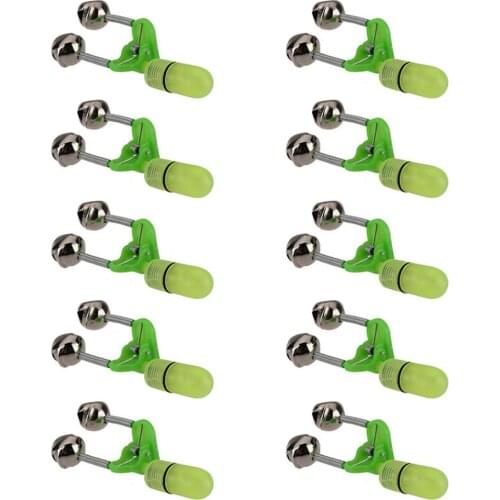 10PCS Fishing Tools LED Night Fishing Rod Bite Bait Alarm Light Twin Bells Clip Alerter Accurate Alarm Signal Transmission Green