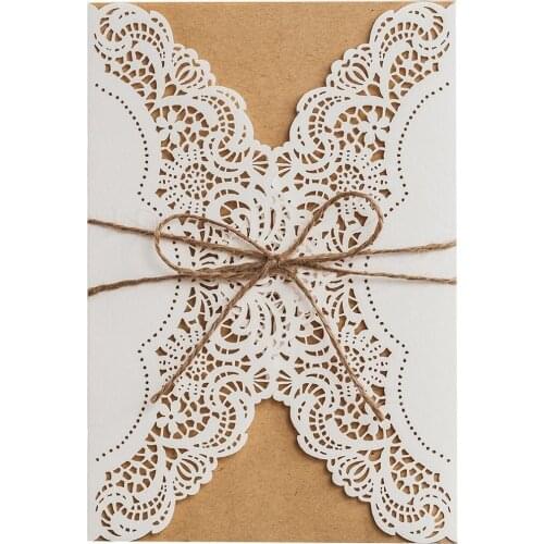 5x7 inch White Laser Cut Wedding Invitations 100pcs with Rustic Rope and Envelopes, Country Style Blank Birthday Invitation Card