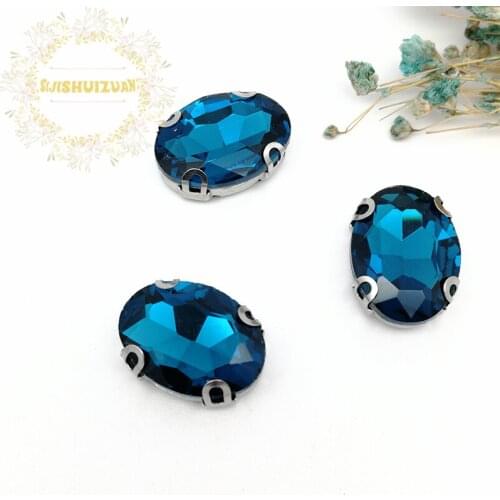 Free shipping! Peacock blue OVAL shape Glass Crystal sew on rhinestones with D-shape claw Diy wedding decoration