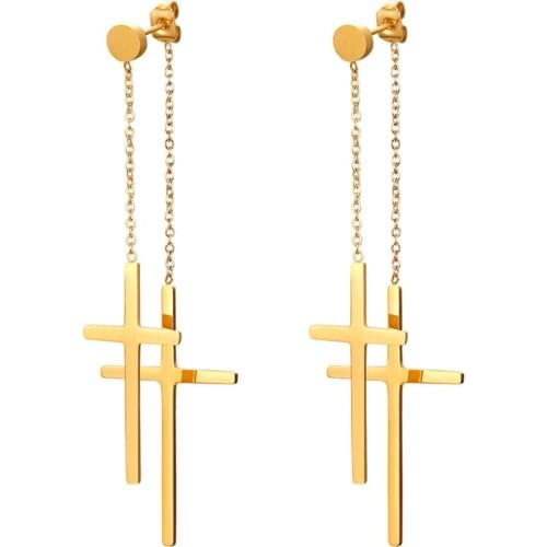 Boniskiss Fashion Tassel Double Cross long Drop Earrings Gold Silver Color Stainless Steel Woman Party Christmas Gift Jewelry