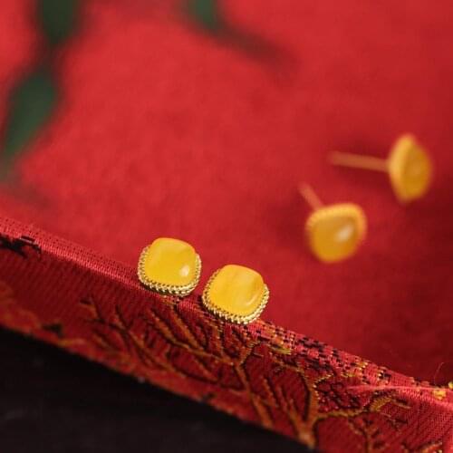 Natural Hetian Jade Topaz Sterling Silver S925 Amber Square Geometric Ear Studs Simple Retro Elegant and Ethnic Style Earrings