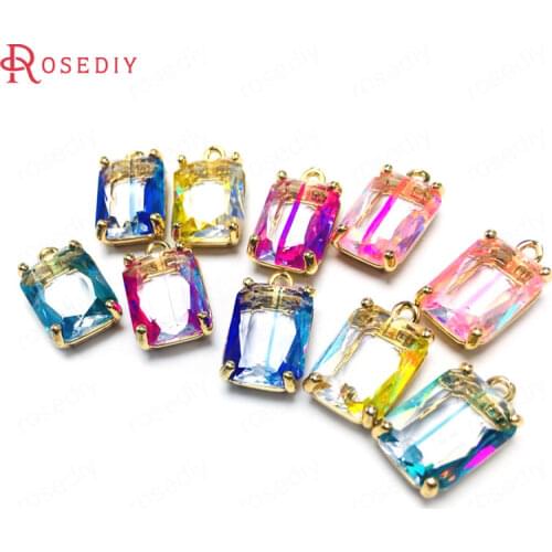 6PCS 10x14MM 24K Champagne Gold Color Brass Glass Rectangle Shape Charms Pendants Jewelry Making Supplies Findings Accessories