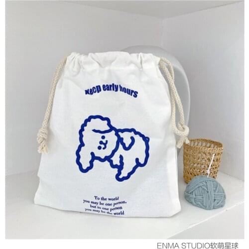 Ins Blue Curly Dog Cute Pencil Case Concise Portable Large Capacity Cosmetics Notebook Drawstring Storage Bag School Stationery