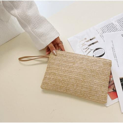 Fashion Womens Bag Wristlet Clutch Daily Money Phone Clutch Solid Straw Woven Coin Purse Summer Beach Vacation Shopper Wallet