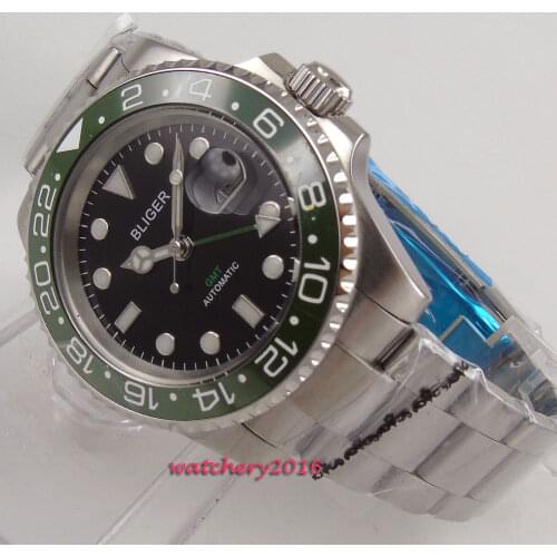 43mm Bliger Black Dial Green ceramic bezel Multiple Time Zone Sapphire Glass Luminous marks Date Automatic movement mens Watch