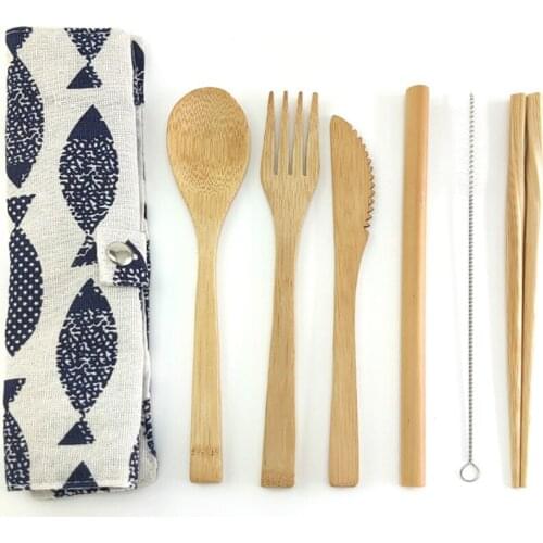 Bamboo Cutlery Set Reusable Flatware Set Tableware Knife, Fork, Spoon, Straw 0 Waste Dinnnerware Camping Travel Cutlery Set