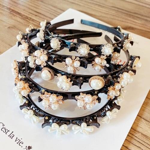 New Women Vintage Pearls Rhinestone Flower Braided Hairbands Sweet Small Hair Clips Headband Decorate Fashion Hair Accessories