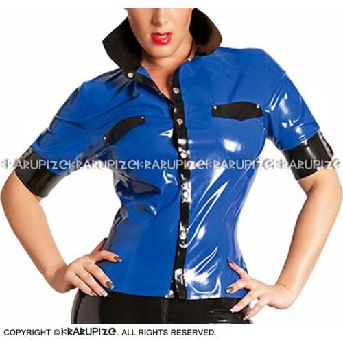 Blue And Black Sexy Latex Shirt With Buttons At Front Turn Down Collar Rubber Coat YF-0208
