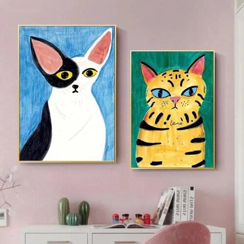 Nordic Animal Portrait Wall Art Poster And Prints Cartoon Cats Canvas Painting For Living Room Decoration Home Wall Pictures Art