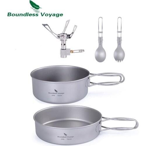 Boundless Voyage Outdoor Titanium Pot Pan Spoon Spork Stove Set Camping Hiking Tableware Cooking Set With Folding Handle