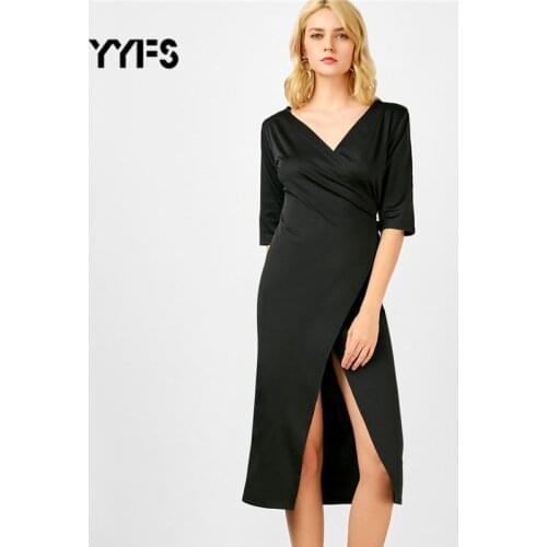 YYFS 2019 New Womens Black Dress Sexy V-nexk Split Bandage Silm Dress Frail Summer Half Sleeves Casual Dress Female Ropa Mujer