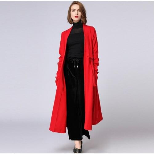 Womens plus size trench coat Adjustable Waist long Elegant coat casual long sleeve V neck Solid oversize coats autumn winter