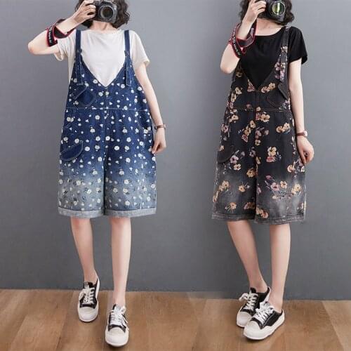 #2386 Black Blue Floral Printed Overalls For Women Loose Casual Vintage Denim Playsuits Female Wide Leg Rompers Womens Summer
