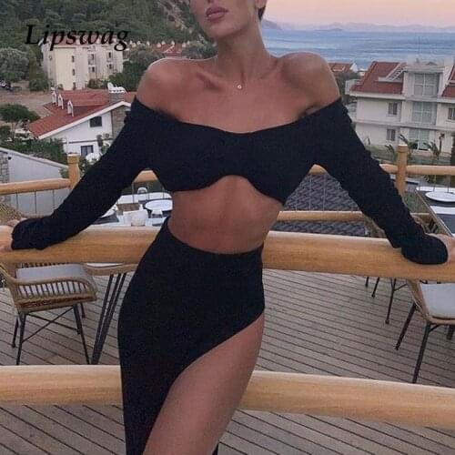 Autumn Sexy Off Shoulder Crop Tops+Skirts Outfits Solid Bow Long Sleeve Knitted 2Pc Set Spring Women High Slit Skirt Beach Suits