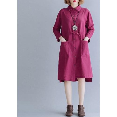 Women Cotton Linen Casual Dress New Arrival 2020 Autumn Simple Style Turn-down Collar Ladies Knee-length Shirt Dresses S1872
