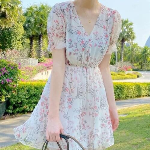 Women Dress 2021 Spring New Mulberry Silk French V-neck Printed Waist Dress