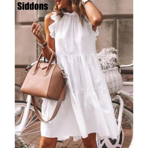 2021 Summer Solid Ruffles Trim Ruched Short Sleeve Dress High Waist Loose Daily Wear O Neck White A-Line Mini Dresses