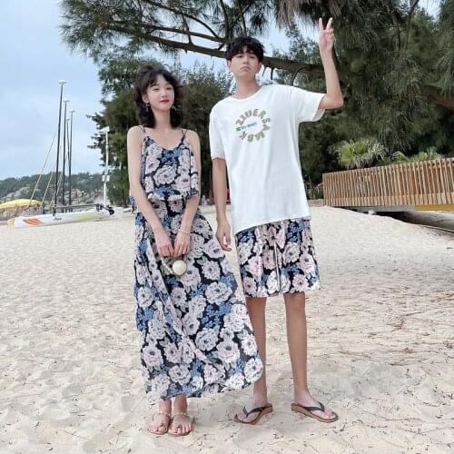 【 2218#】2021 couples dress beach vacation wind lovely flower halter dress men T-shirt set couples clothes couples clothing
