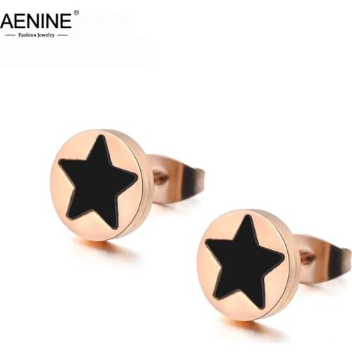 AENINE Fashion Titanium Steel Black Star Earrings Jewelry Rose Gold Color Stud Earrings For Women Brincos Drop Shipping AE18010