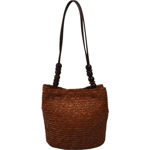 ASDS-Knitted Straw Bag Summer Bohemia Fashion Women Handbags Stripes Shoulder Bags Beach Bag Big Tote Bags(Brown)