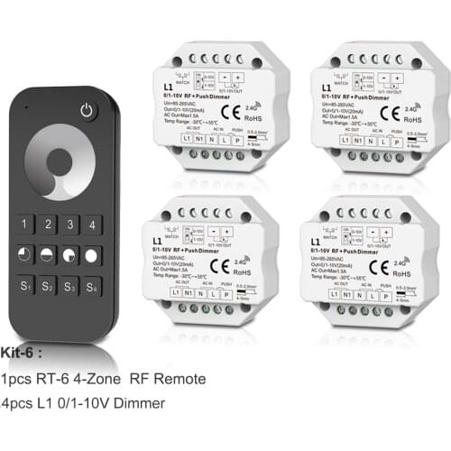 0-10V 1-10V LED Wireless RF Dimmer Push Switch + 2.4G RF 4-Zone Touch dimming Remote Controller AC85V-220V for Single Color LED
