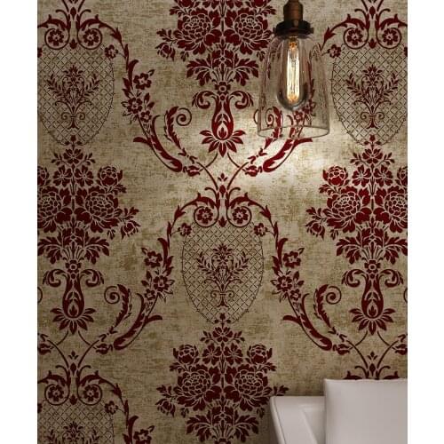 Bronze Golden Burgundy Vintage Classic Retro Damask Velvet Flocking Wallpaper