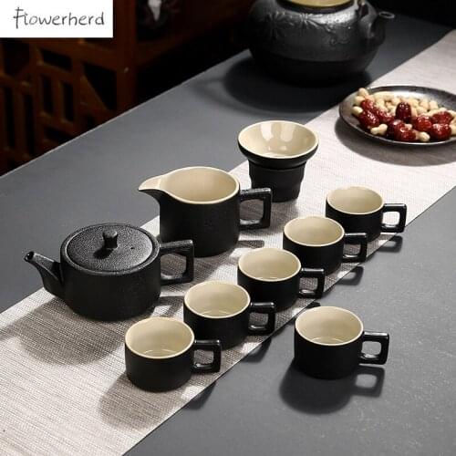 Japanese Style Ceramic Kung Fu Tea Set Teaware Antique Black Pottery Tea Pot and Cup Set Teapot Set Tea Infuser Home Office Gift