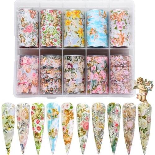 10 colors 1 box Angels translucent Designs patterns nail transfer foils decals In a box Nail Self Adhesive Foil Sticker** Angel