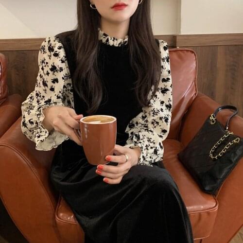 French Retro Elegant Flower Print Spring Dress Long Sleeve Fake Two Piece Spot Velvet Party Dress Vintage Korea A-Line Patchwork