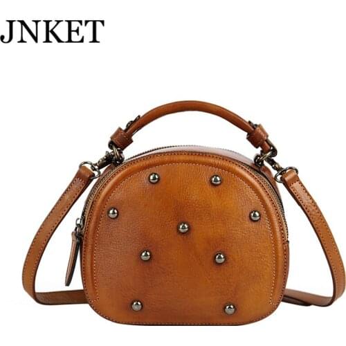 JNKET New Personality Handbag Womens Retro Head Layer Cowhide Small Round Bag Fashion Dermis Single Shoulder Bag
