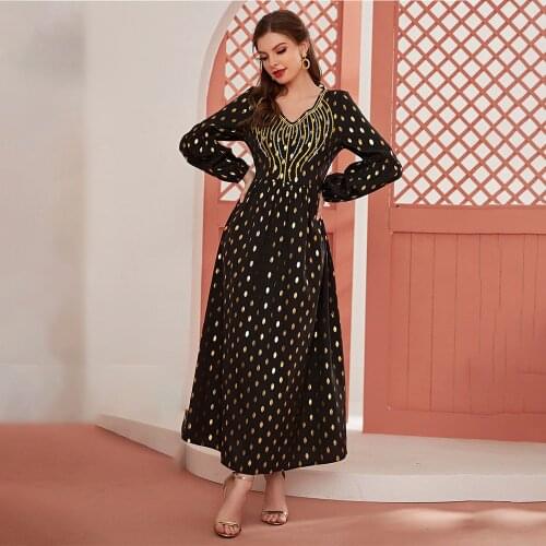 Muslim dress Womens v-neck fashion hot stamping dot printing stitching waist fashion embroidery long skirt Abaya Dubai Dresses