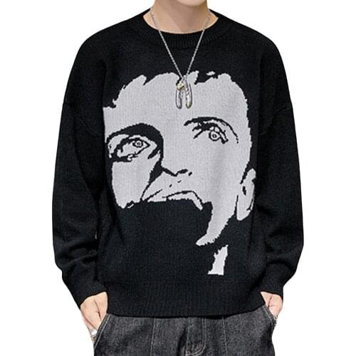 Mens Autumn Pullover Sweater Portrait O-neck Long Sleeve Knitted Loose Pullover Top With Bottom