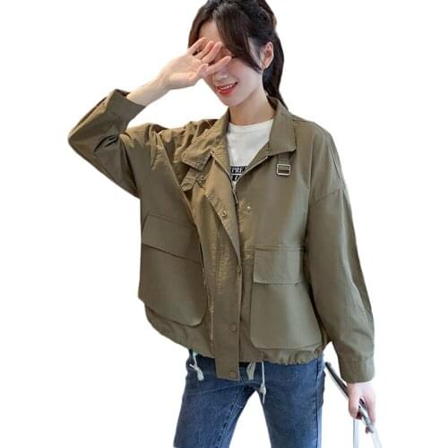 New Women Trench Coat Spring Korean Stand Collar Casual Tooling Jacket Plus Size Womens Clothing Outerwear 3XL 80KG Army Green