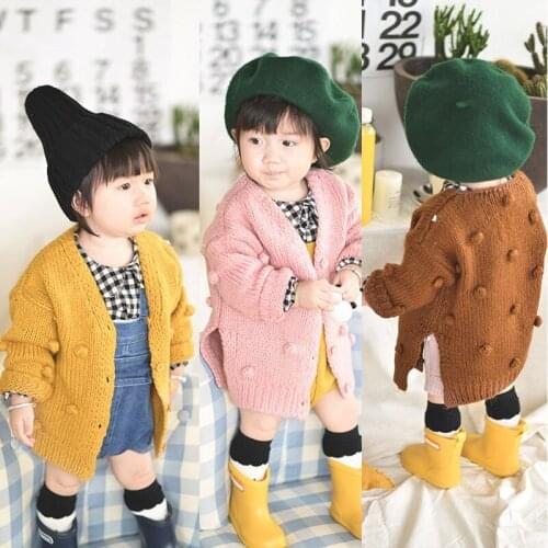 New Autumn And Winter Newborn Female Baby Cardigan Jacket V-neck Knit Sweater Handmade Bubble Ball Baby Clothes