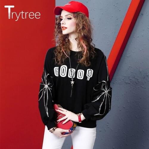 Trytree 2020 Autumn Casual Womens Sweatshirts O-neck Sequins Hollow Out Sleeve Cotton Blends Letters Streetwear Tops for Women