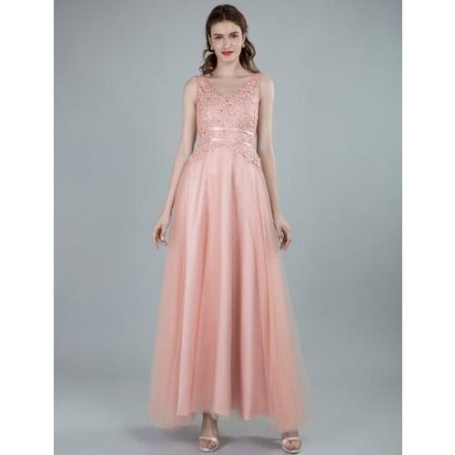 Prom Dress A Line V Neck Tulle Sleeveless Lace Flower Applique Formal Pageant Party Dresses