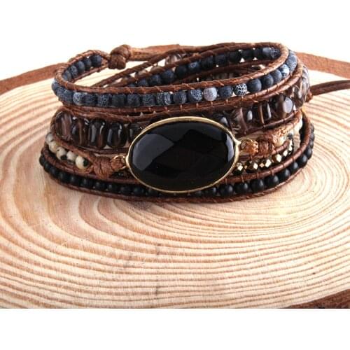 RH Fashion Bohemia Jewelry Boho Bracelet & Beaded Armbander Black Natural Stones Charm 5 Strands Wrap Bracelets Dropship