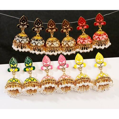 Tophanqi Bollywood Oxidized Big Bell Dangle Earrings For Women 2020 Green Leaf Carved White Beads Tassel Indian Jewelry Earring