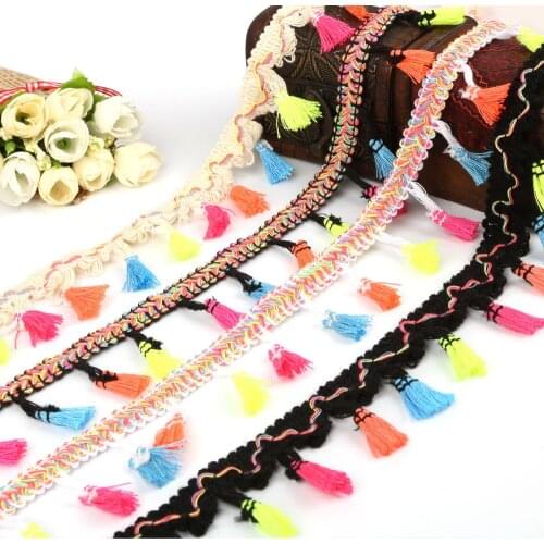High Quality 2 Yards 40mm Rainbow Tassel Lace Trim Cotton Fabric Ribbon Fringe Drop Handmade Sewing Curtains Clothes Accessories