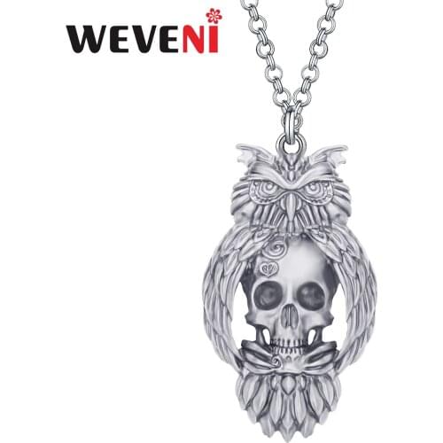 WEVENI Halloween Alloy Antique Gold Plated Owl Skull Necklace Realistic Skeleton Pendant Jewelry For Women Girls Friends Gift