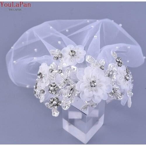 YouLaPan FG19 Elegant White Flower Veiled Headband Rhinestone Hair Accessories Wedding Bridal Simple Round Pearl Bride Headpiece