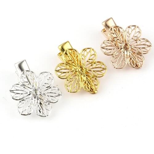 DoreenBeads Copper Iron Alloy Metal Hair Clips Findings Flower Sweet Hollow Women Pins DIY Making Jewelry 26mm x 20mm,10PCs